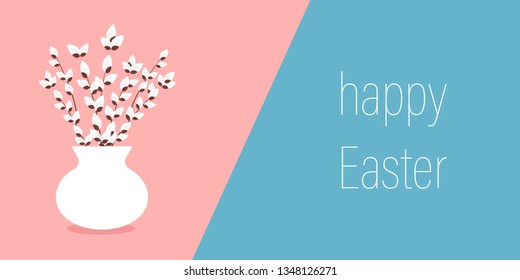 happy Easter. pink and blue greeting card with a bouquet of willow branches. vector illustration.