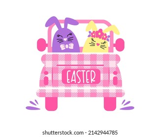 Happy Easter pink  buffalo plaid truck with bunnies isolated on white background. Vector flat illustration. Design for poster, greeting card