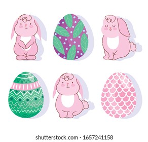 happy easter pink bunnies and eggs decoration celebration icons vector illustration