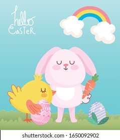 happy easter pink bunny chicken with eggs carrot rainbow clouds grass vector illustration