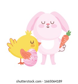 happy easter pink bunny chicken with egg carrot cartoon vector illustration