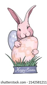 Happy Easter pink bunny holding an egg in its paws