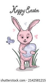 Happy Easter pink bunny holding an egg in its paws