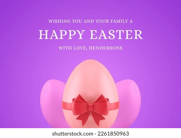 Happy Easter pink chicken eggs bow ribbon festive 3d greeting card realistic vector illustration. Traditional painted eggshell holiday celebration decor element Christianity religious congratulations