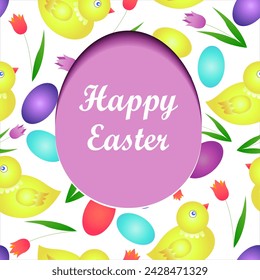 Happy Easter. A pink egg with an inscription on the background of a pattern with chickens. Paper cutting and crafting style.  A postcard, a greeting, an invitation, a poster.