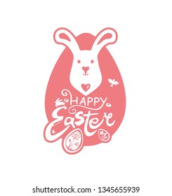 Happy Easter. Pink easter egg. Vector sticker with white Easter bunny with heart. Modern Easter logo. 