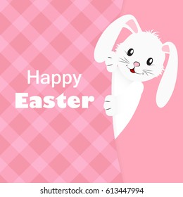 Happy easter pink greeting card with cute white rabbit