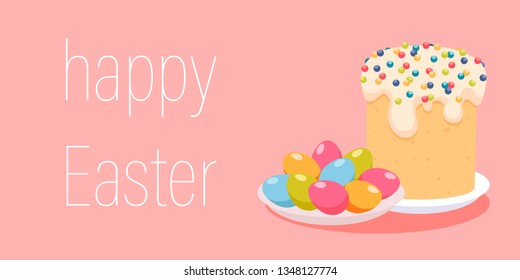 happy Easter. pink holiday card with Easter cake and colored eggs. vector illustration.