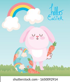 happy easter pink rabbit with carrots and painted eggs rainbow decoration vector illustration