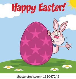 Happy Easter From Pink Rabbit Cartoon Character Waving Behind Egg. Vector Illustration 