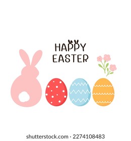 Happy Easter with pink rabbit cartoon, Easter eggs, pink flower and hand written fonts isolated on white background vector illustration.