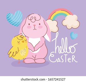 happy easter pink rabbit chicken rainbow hearts celebration card vector illustration