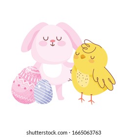 happy easter pink rabbit chicken eggs decoration vector illustration