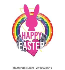 Feliz Pascua. Diseño de camiseta de silueta de conejo rosa con un arco iris circular y un corazón alado. Orgullo gay... sstkPascua