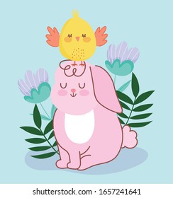 happy easter pink rabbit sitting with chicken in head flowers decoration vector illustration