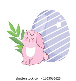 conejo rosa de Pascua feliz sentado con decoración de rama de huevo ilustración vectorial