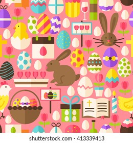Happy Easter Pink Seamless Pattern. Flat Design Vector Illustration. Tile Background. Set of Spring Christian Religion Items.
