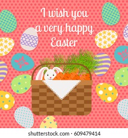 Happy Easter pink vertical greeting card with rabbit and Easter basket. Vector illustration