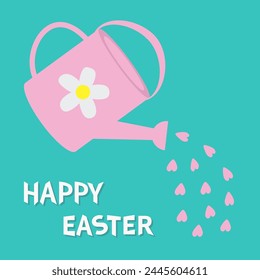 Happy Easter. Pink watering can with red hearts water drops. White daisy chamomile flower. Love greeting card. Happy Valentines Day sign symbol. Flat design. Isolated. Blue background. Vector
