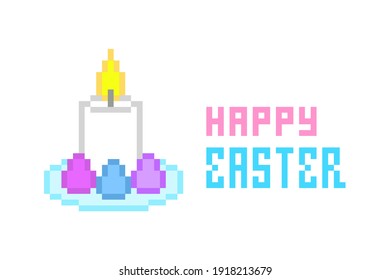 Happy Easter, pixel art holiday card. Burning candle and 3 painted eggs on a plate isolated on white background. Old school vintage retro 8 bit spring Christian holiday design.