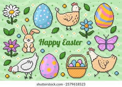 Happy Easter Pixel Art Set. Bunny, eggs, butterfly, hens and flowers. Vector illustration