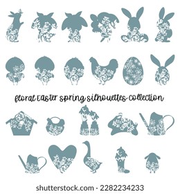 Happy Easter plants and animals floral silhouettes. Vector illustration.
