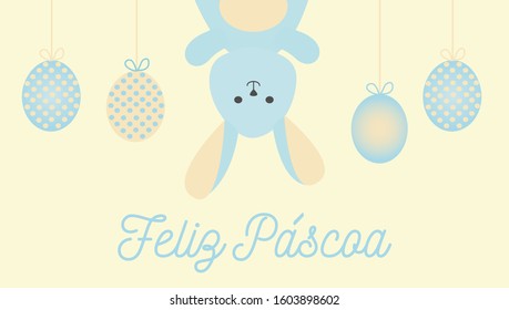 Happy Easter in Portuguese. Cute Easter bunny up side down vector illustration.