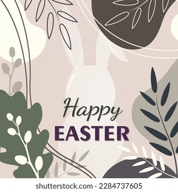 Happy Easter posrer with bunny and plants. Greeting card. Vector illustration. 