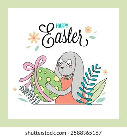 Happy Easter post card with bunny (rabbit) and egg. Flat vector illustration of cute minimalist animals