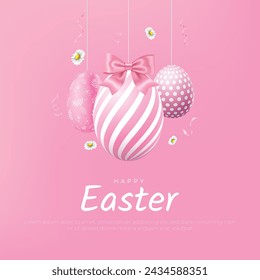 Happy Easter Post and Greeting Card. Cute and Minimal Easter Eggs with Text and Easter Bunny. Easter Poster and Flyer Design Vector Illustration