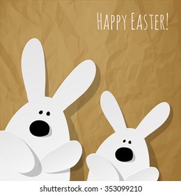 Happy Easter Postcard 2 Bunnies on a crumpled paper brown background.