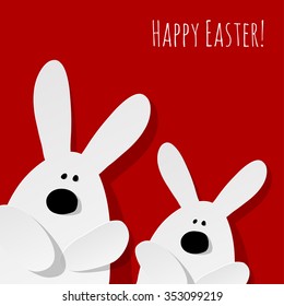 Happy Easter Postcard 2 Bunnies on a red background.