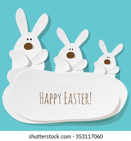 Happy Easter Postcard 3 Bunnies on a turquoise background.