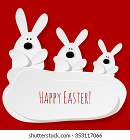 Happy Easter Postcard 3 Bunnies on a red background.