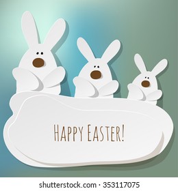 Happy Easter Postcard 3 Bunnies on a blue bokeh fog background.
