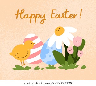 Happy Easter postcard background design. Spring religious traditional holiday card with cute chicken, dyed eggs, kawaii flowers. Kids fairytale characters. Childish flat vector illustration