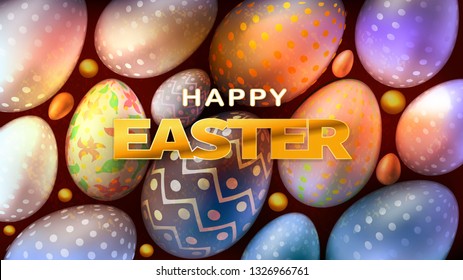 Happy Easter. Postcard or Banner. Realistic Holiday Egg with Golden Textures. 3d Elements. Easter Chocolate Eggs in Pearl Foil Decorated with Golden Patterns. Decorated Eggshell with Golden Specks.