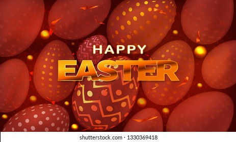 Happy Easter. Postcard or Banner. Realistic Holiday Egg with Golden Textures. 3d Elements. Easter Chocolate Eggs in Red Foil Decorated with Golden Patterns. Decorated Eggshell with Golden Specks.