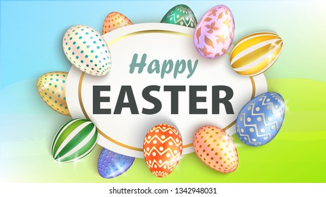 Happy Easter. Postcard or Banner. Realistic Holiday Egg with Golden Textures. 3d Easter Chocolate Eggs. Multicolor illustration. Decorated Eggshell with Golden Specks. Vector.
