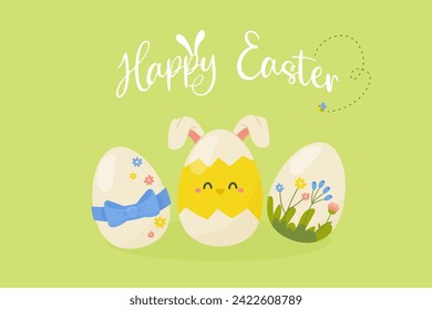 Happy Easter, postcard, banner for social networks with Easter eggs on light green background