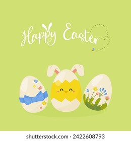Happy Easter, postcard, banner for social networks with Easter eggs on light green background