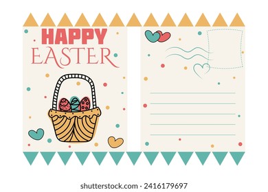 Happy Easter Postcard. Basket with Easter eggs with decor dots, hearts in doodle style. Cute multicolored vector illustration: blue, red and yellow colors. Isolated on white background
