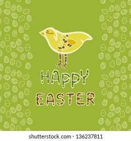 Happy Easter postcard with bird and eggs.  Vector illustration 