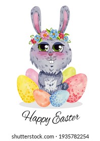 Happy Easter postcard with Easter bunny and colorful eggs isolated on white background. Easter card with text