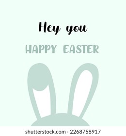 Happy Easter postcard with bunny ears for print. Blue background illustration for kids.