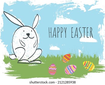 Happy Easter postcard with bunny and eggs. Kid drawing.
