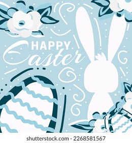 Happy Easter postcard with bunny silhouette, eggs, lettering, floral decoration. Trendly design in cartoon style. Funny vector illustration for greeting card, poster, banner. Wealth, religion symbol.