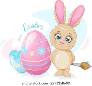 Frohe Osterpostkarte mit Cartoon-Hase, Eiern und Farbpinsel