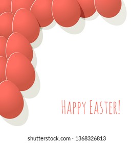 Happy Easter postcard Coral color eggs in the corner on a white background