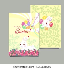Happy Easter postcard with corolla colored easter eggs and white rabbit
